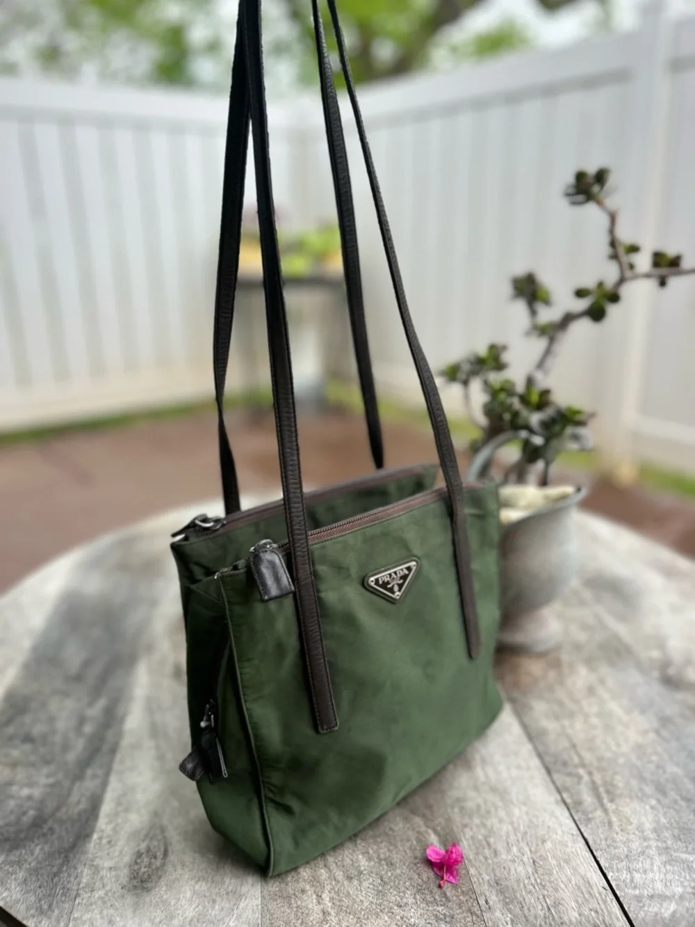 Authentic Prada  Vintage Olive Green Nylon Tote with Dark Brown Leather Straps - Picture 2 of 16